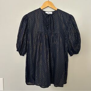 Never A Wallflower Navy Blue and Gold Metallic Detail Blouse